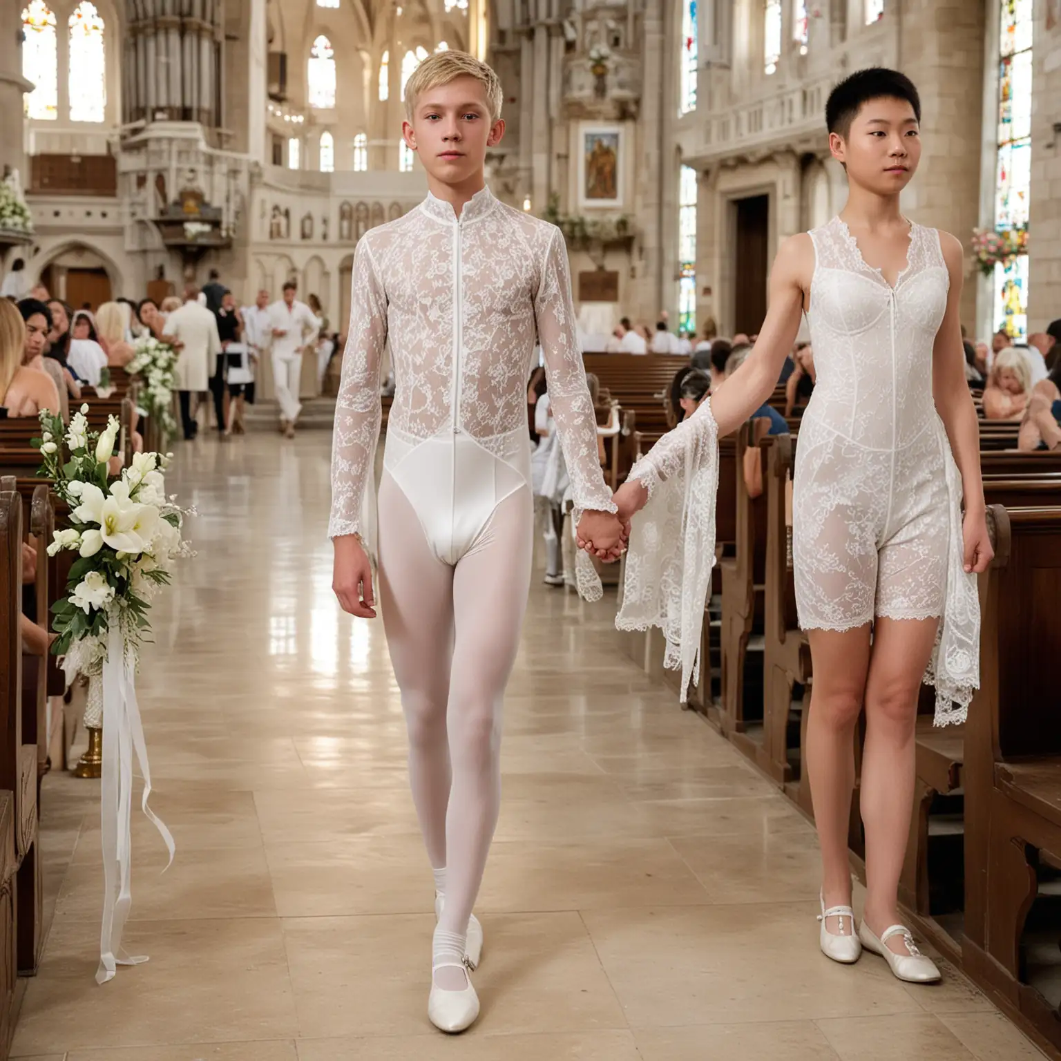 very, very, thin 14 year old male blond boy in skin-tight white lace short catsuit with bare legs at wedding. White ballet flats. he has 25cm waist. no collar.  He is walking down the aisle of a church holding the hand of a very, very, thin 40 year old male Chinese man in skin-tight white lace catsuit. White ballet flats. he has 25cm waist. no collar.