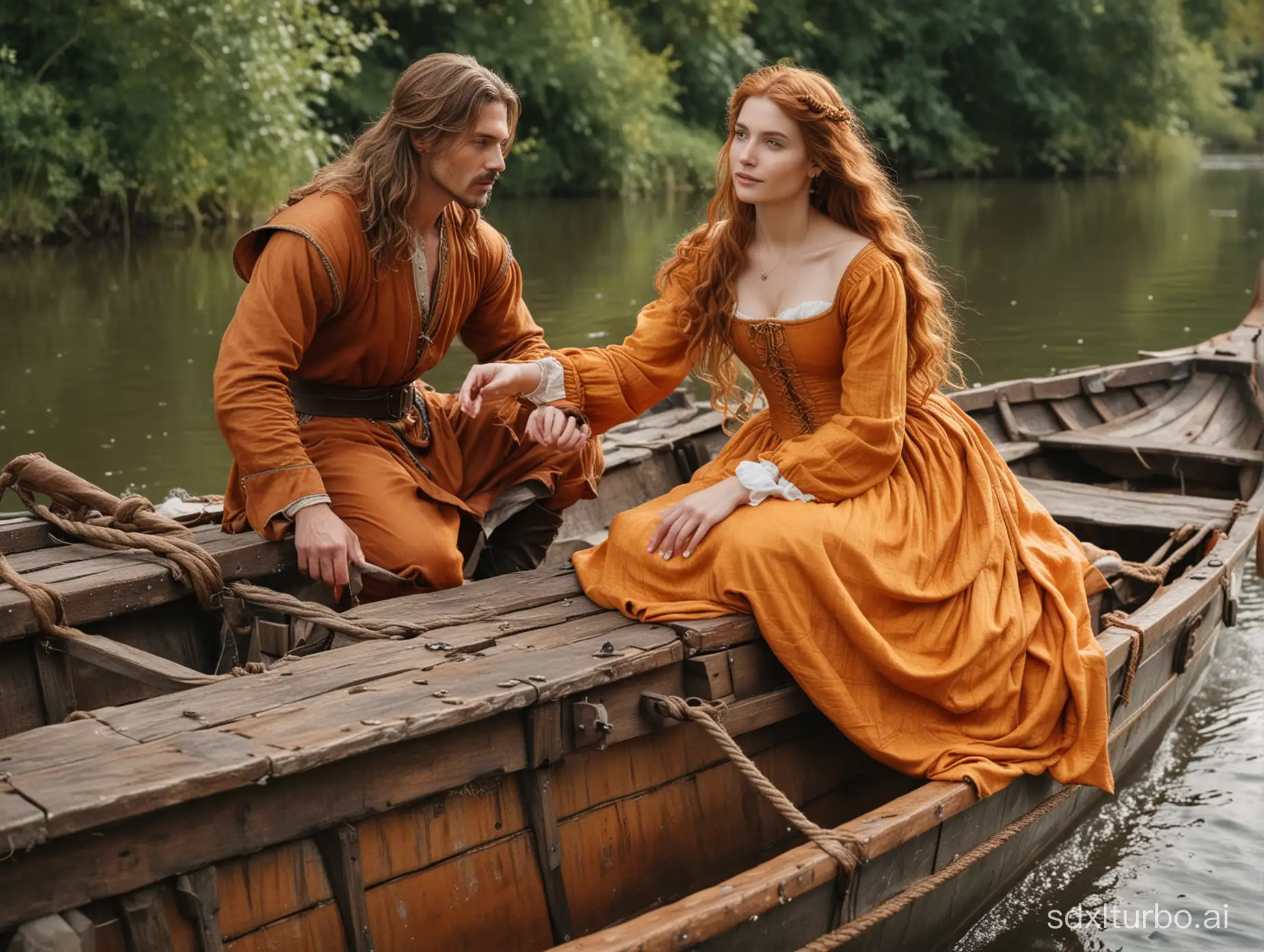 A handsome guy in his thirties with long brown hair in a beautiful medieval costume sits on an overturned boat by the river and looks at a russet-haired girl in a medieval gorgeous orange dress with a large neckline, who has put her bare foot on the boat and is pushing back her wet hair