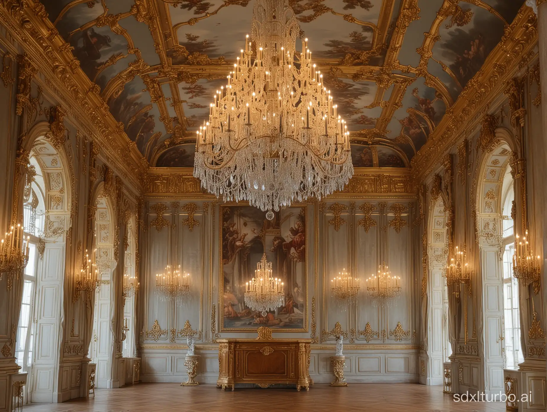 wall view closeup.face-to-face. set in an opulent royal castle interior adorned with chandeliers