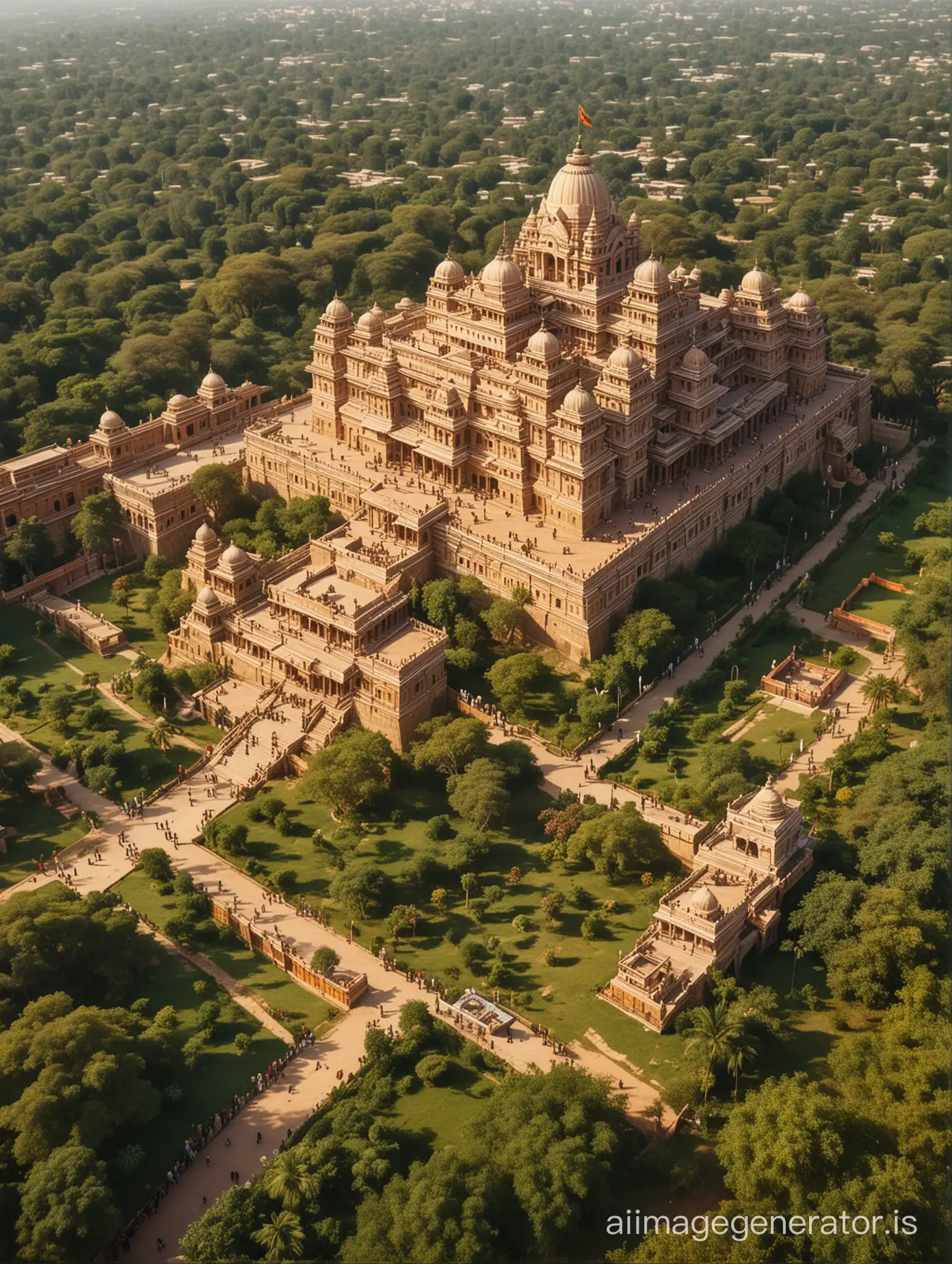 A grand aerial view of the kingdom in ancient India , showcasing its opulence and splendor, with the palace standing tall amidst lush gardens, colorful banners fluttering in the breeze, and bustling activity as servants scurry about attending to their task