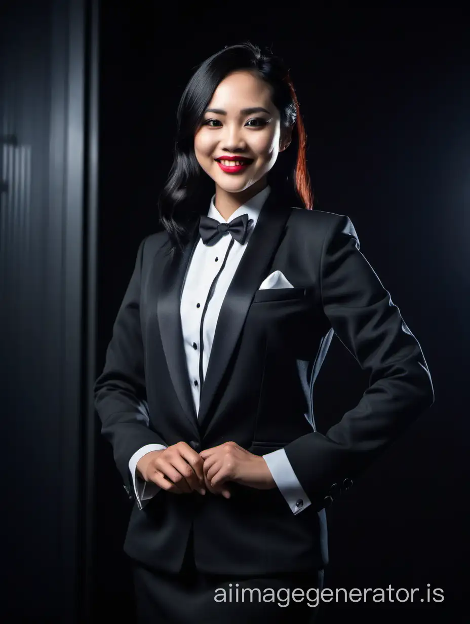 A Vietnames woman is wearing a tuxedo.  She is standing in a dark room.  her jacket is open.  She is smiling.  She is wearing lipstick.  She has shoulder length black hair.  She is crossing her arms.  Her cufflinks are black.