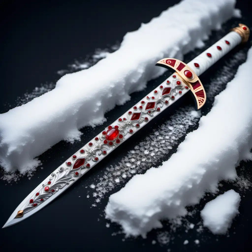 Crimsonhandled Sword in Snow Elegant Long Scabbard with Red Gems