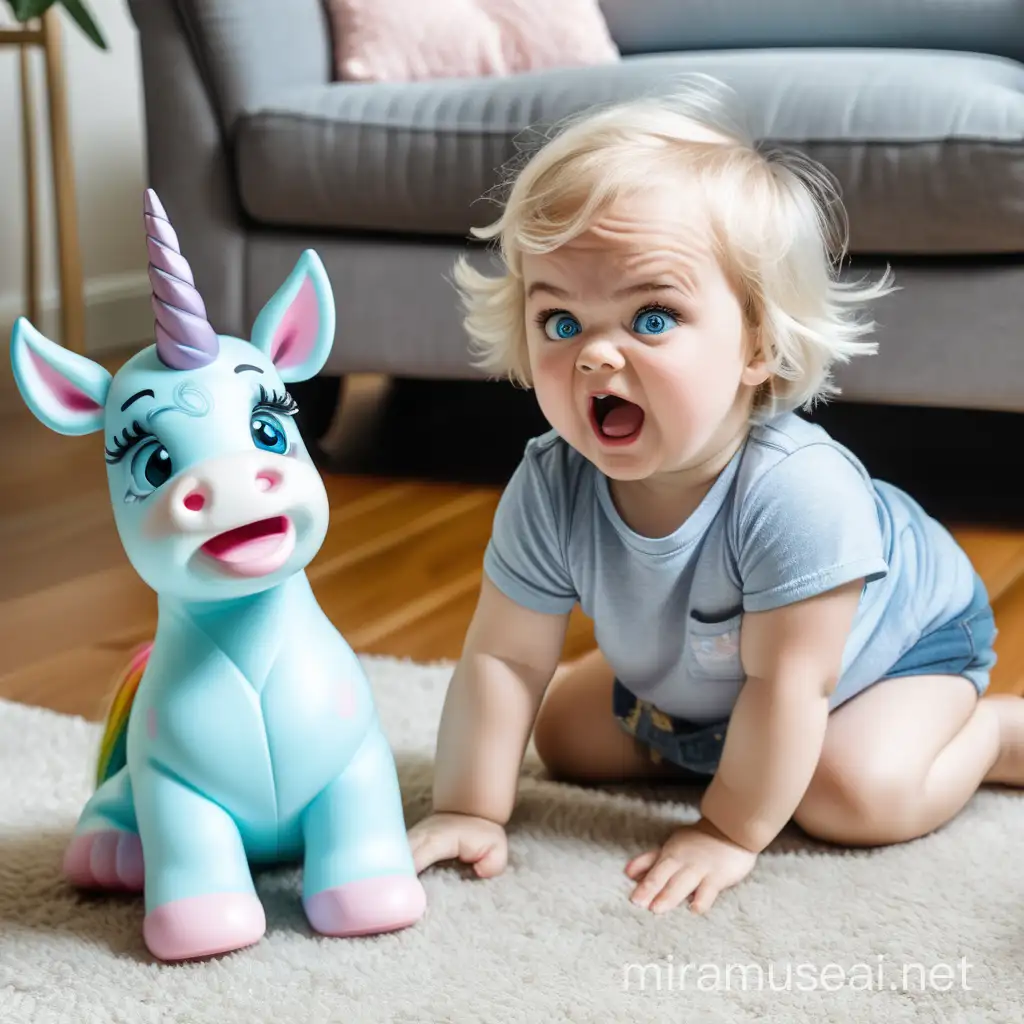 Blueeyed Toddler Throws Toy Unicorn in Temper Tantrum at Puppy