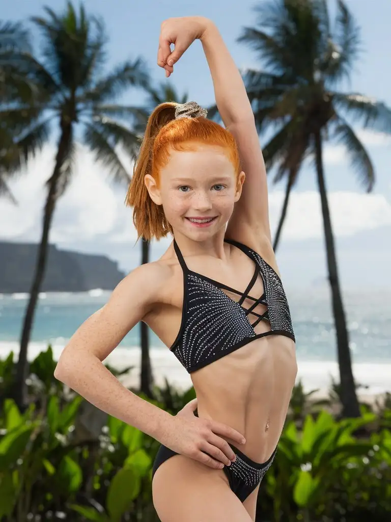 6 years old rhythmic gymnast girl, ginger hair, extremely muscular abs, showing belly, string swimsuit, at Hawaii