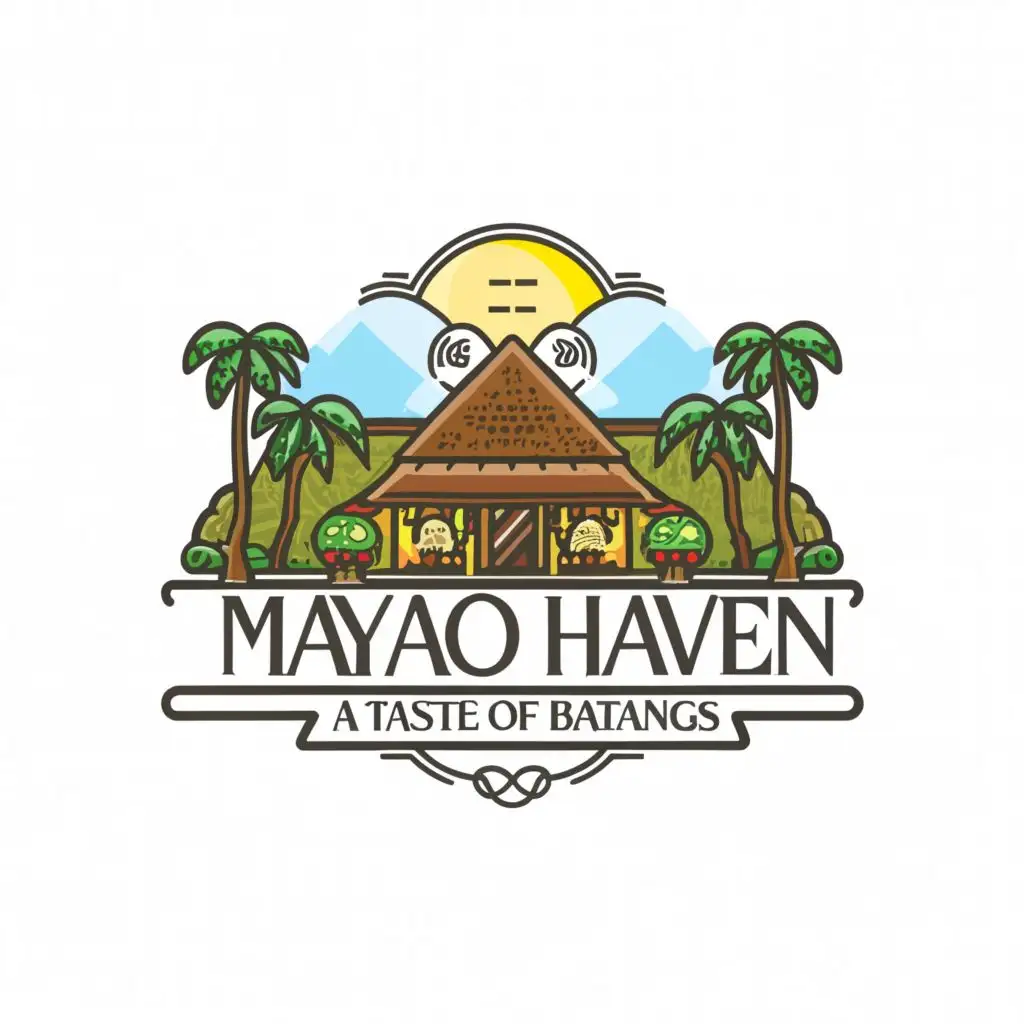 a logo design,with the text "Mayabo Haven (A Taste of Batangas)", main symbol:The logo features a quaint "bahay kubo" (nipa hut), an iconic symbol of traditional Filipino architecture, surrounded by lush foliage. Inside the hut, there's a warm glow emanating from the windows, suggesting a cozy and inviting atmosphere. Above the hut, the word "Mayabo" is elegantly written in a vintage font, while below it, the phrase "Authentic Batangas Dishes" is inscribed, emphasizing the restaurant's focus on traditional cuisine. The overall design exudes a nostalgic and welcoming vibe, inviting customers to experience the comfort and authenticity of Batangas dining at Mayabo.,Moderate,be used in Restaurant industry,clear background