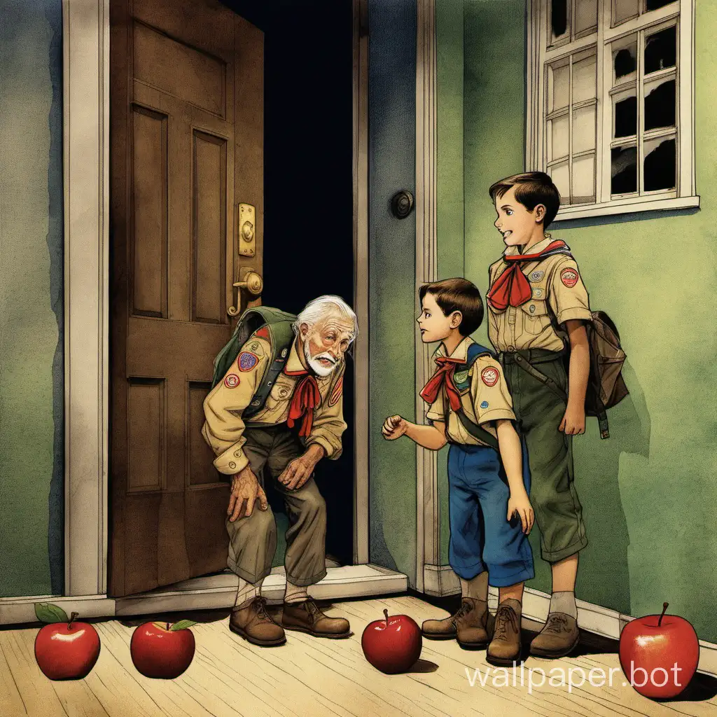 an old man opens the door, outside are two boy-scouts, on the floor there is an apple on the floor