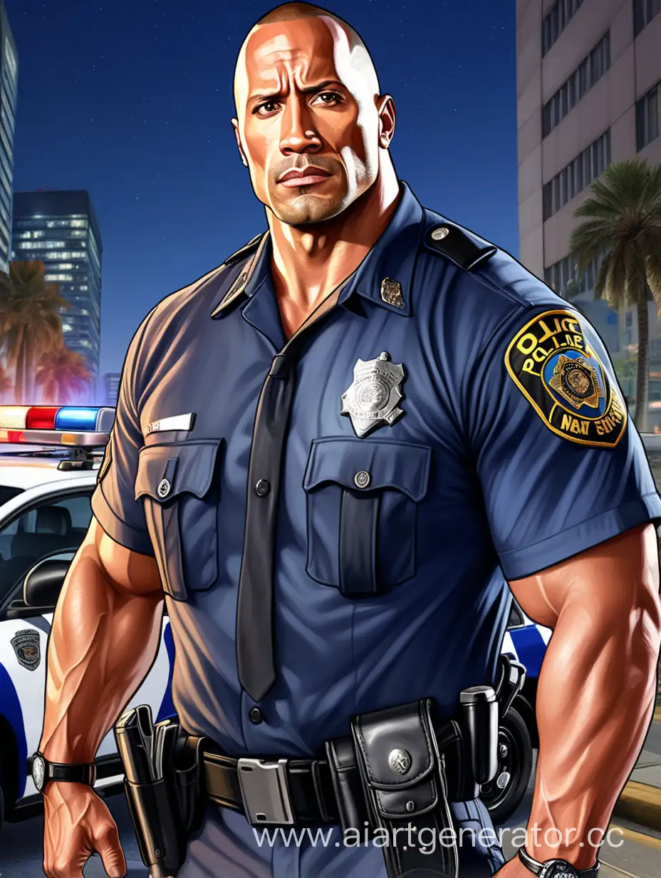 Нарисуй полицейского из ГТА 5 Онлайн похожего на Двейн Скалу Джонсона, на фоне полицейский участок и полицейская машина. На улице ночь
