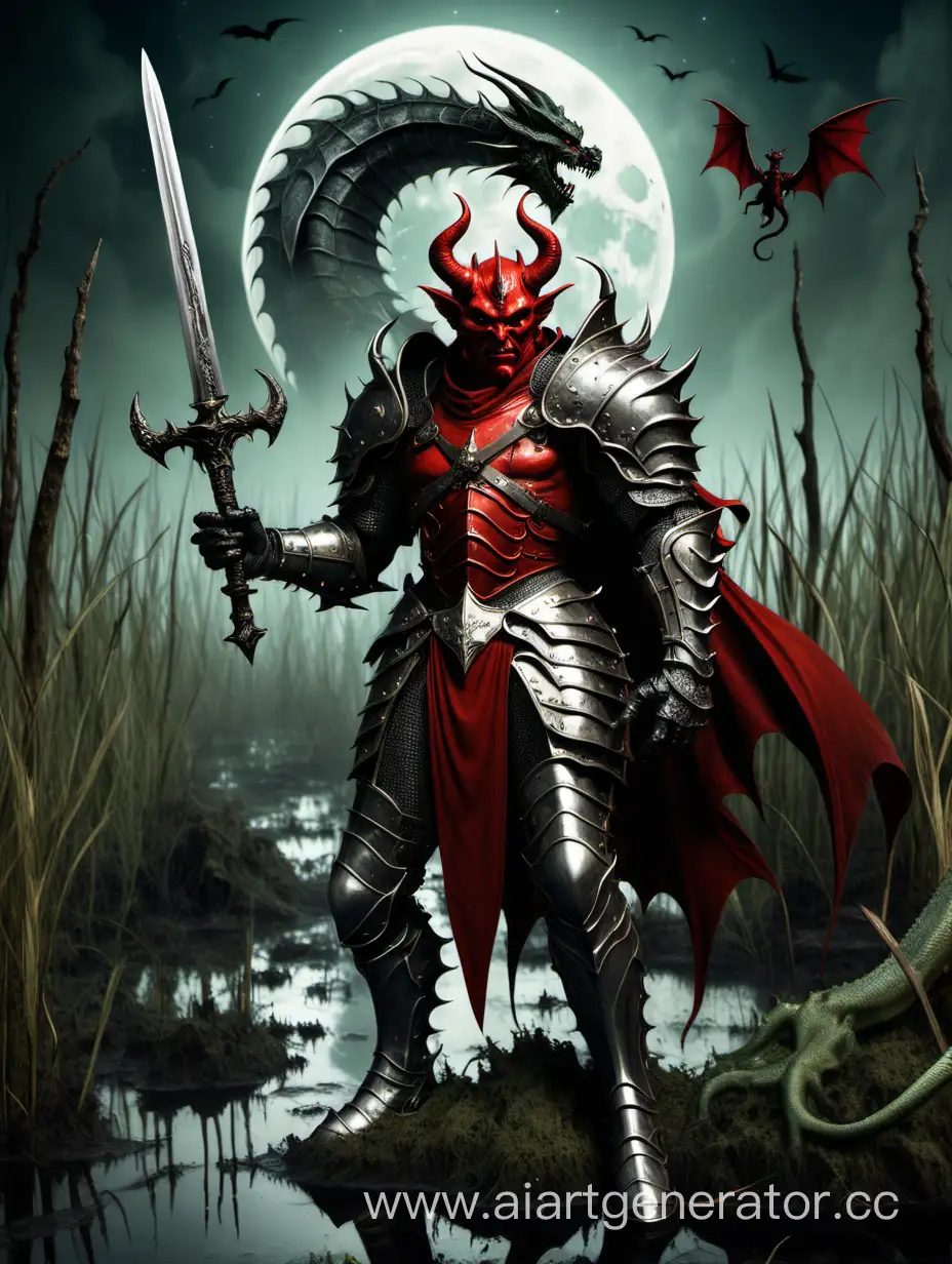 дьявол в латах, с мечом в руке, посередине болота. На заднем фоне луна и летящий дракон