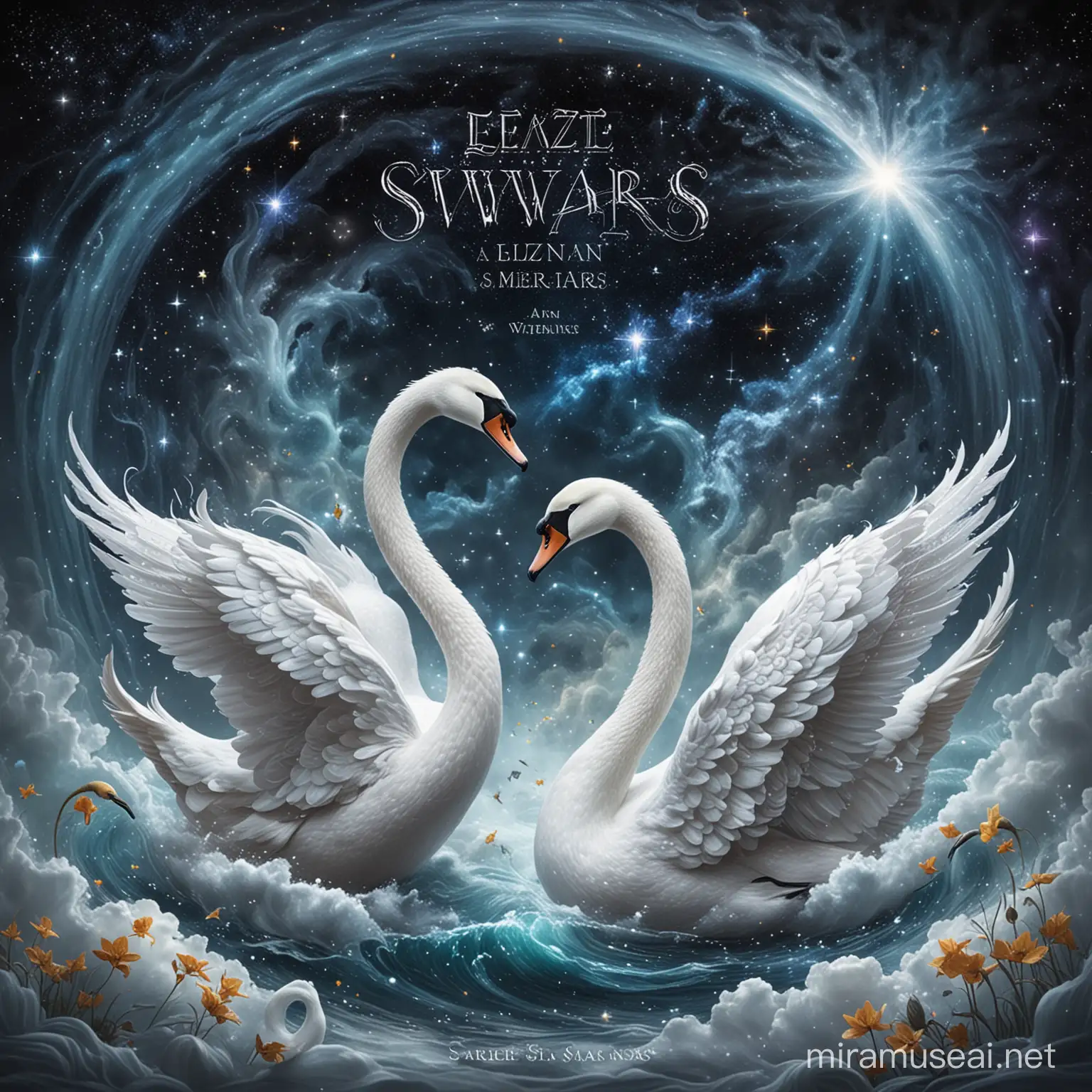 create cover page in white of  a realm  a universe where galaxies danced and stars whispered ancient secrets, there dwelled six magnificent swans of extraordinary essence