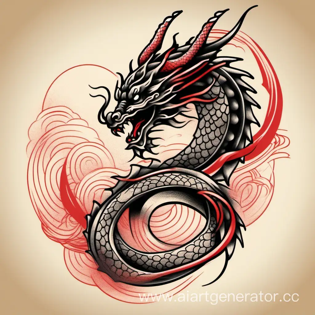 Эскиз Тату черно-красного дракона в японском стиле