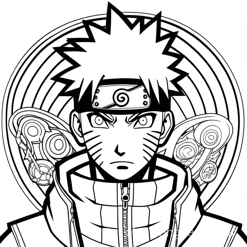 NARUTO, Coloring Page, black and white, line art, white background, Simplicity, Ample White Space. The background of the coloring page is plain white to make it easy for young children to color within the lines. The outlines of all the subjects are easy to distinguish, making it simple for kids to color without too much difficulty
