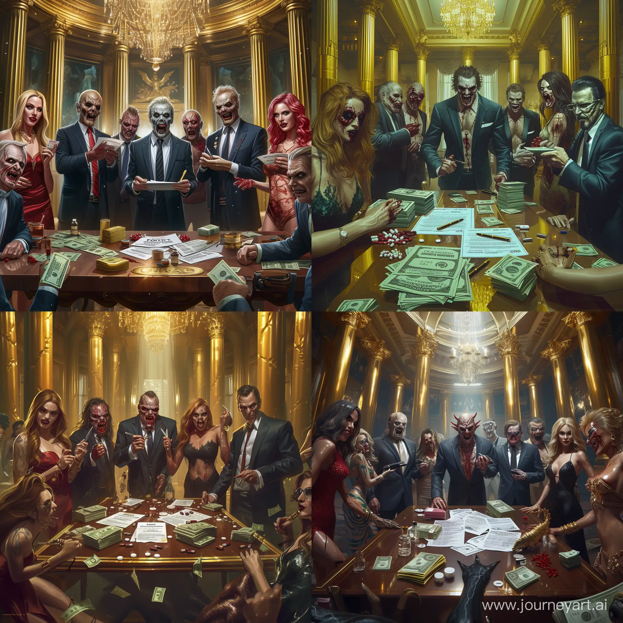 a  group of Hollywood agents stand around a large table,,they are monstrous and evil looking holding contracts and pens ,wearing expensive suits and surrounded by well dressed beautiful women,the office is lavish and has golden pillars,drugs are on the table,and stacks of money are strewn about the room,photo-realistic,atmospheric lighting 