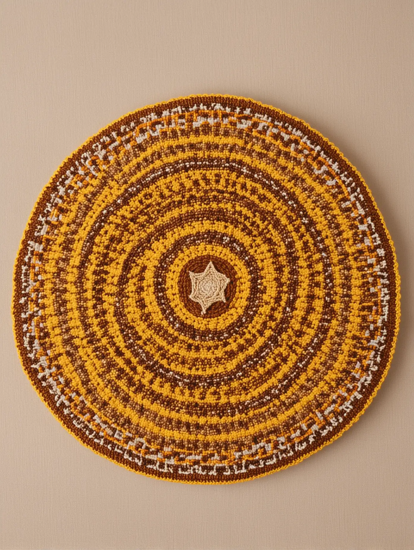 Israeli round knitted Kippah in yellow and brown colors and Jewish style decorations