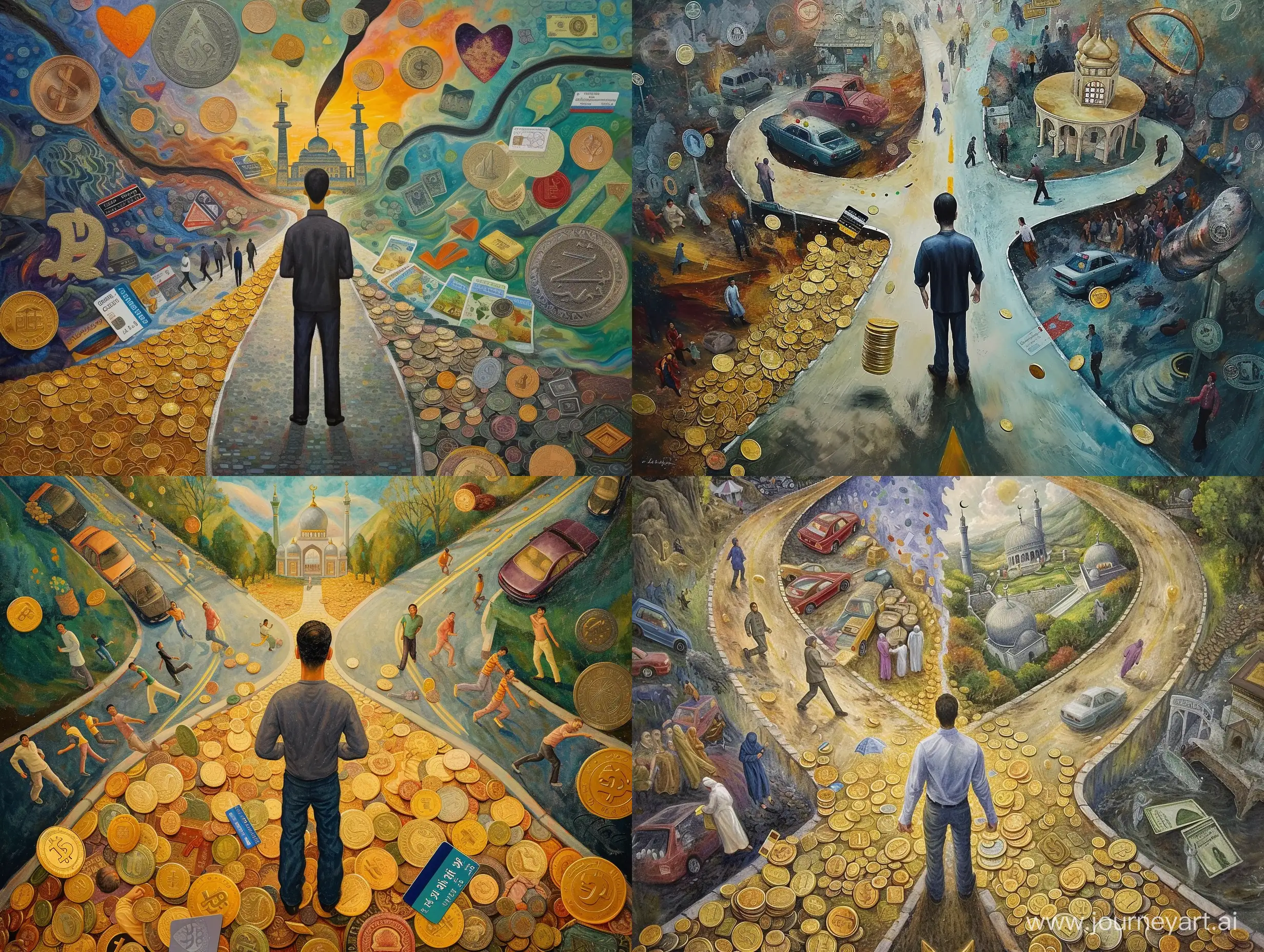 The painting depicts a man standing at a road intersection. He is torn between two paths. In front of him, one road is strewn with shiny coins, expensive cars, expensive houses and other material wealth. Along this road, many people are running, striving to accumulate wealth and satisfy earthly desires. Credit cards, stacks of money and other symbols of material seduction are visible in their hands.On the second road, which leads deep into the heart, a person can see a mosque. Along this road there are wise and faithful Muslim people who are ready to give themselves up to prayer, humility and service