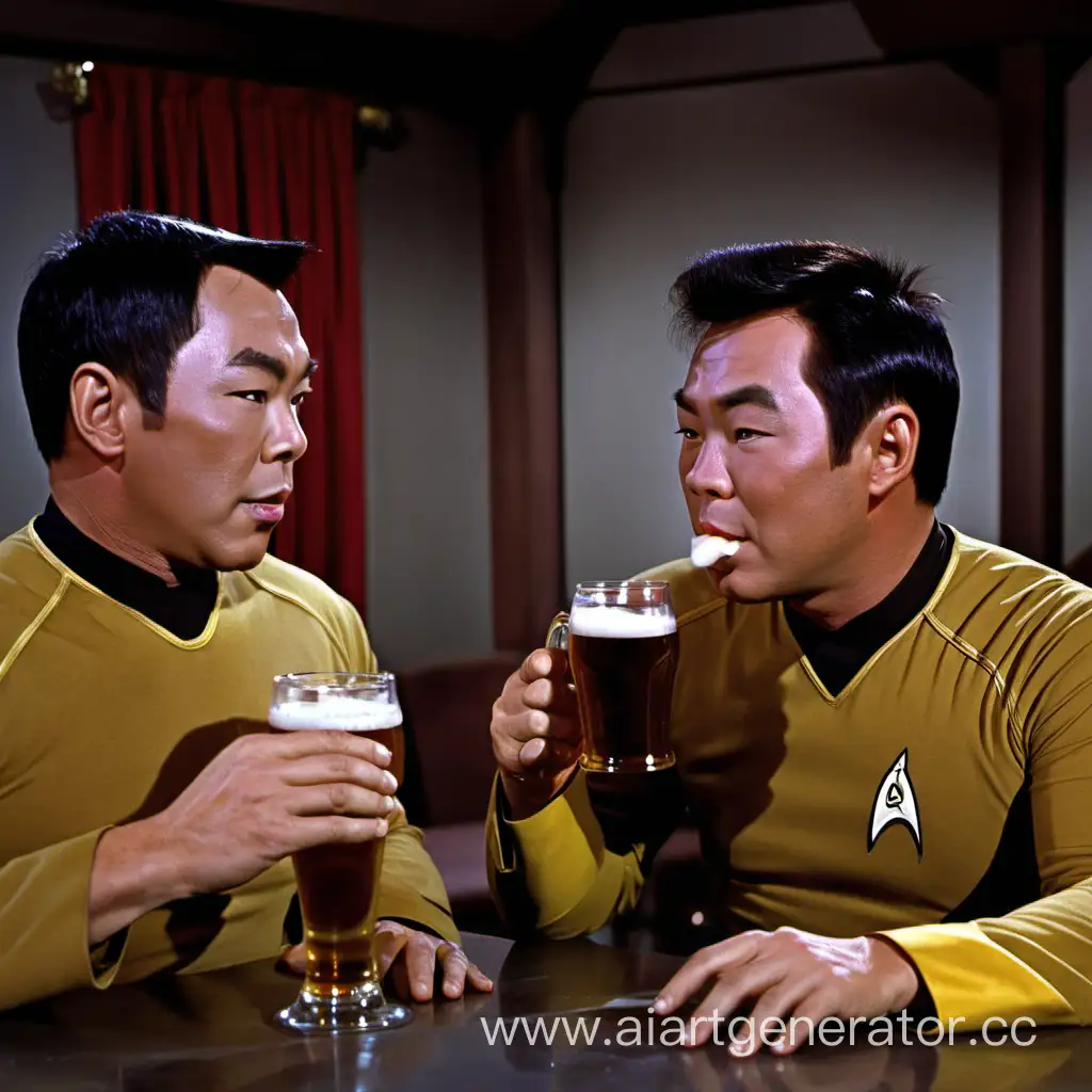 Captain Kirk and sulu drinking beer