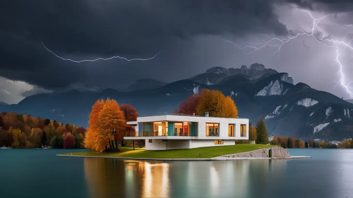 Bauhaus Villa on Lake Island with Alpine Backdrop in Autumn Storm