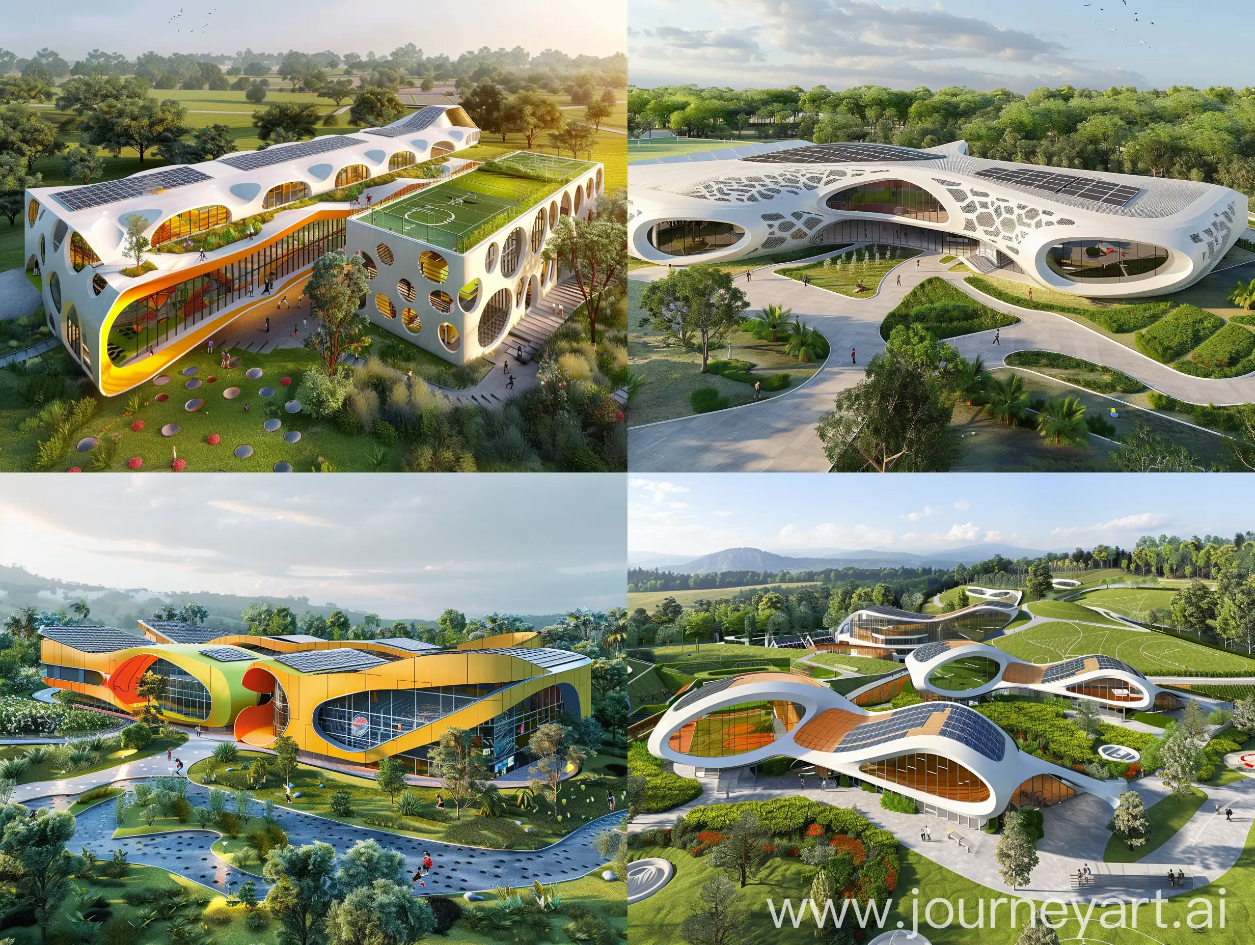 Exterior rendering of a contemporary multifunctional school sports complex that embodies the principles of contextual responsiveness, sustainability, innovation, and human-centric design, a vibrant and dynamic space, seamless integration of indoor and outdoor, lightweight biomorphic forms and patterns, roof solar panels, natural landscape
