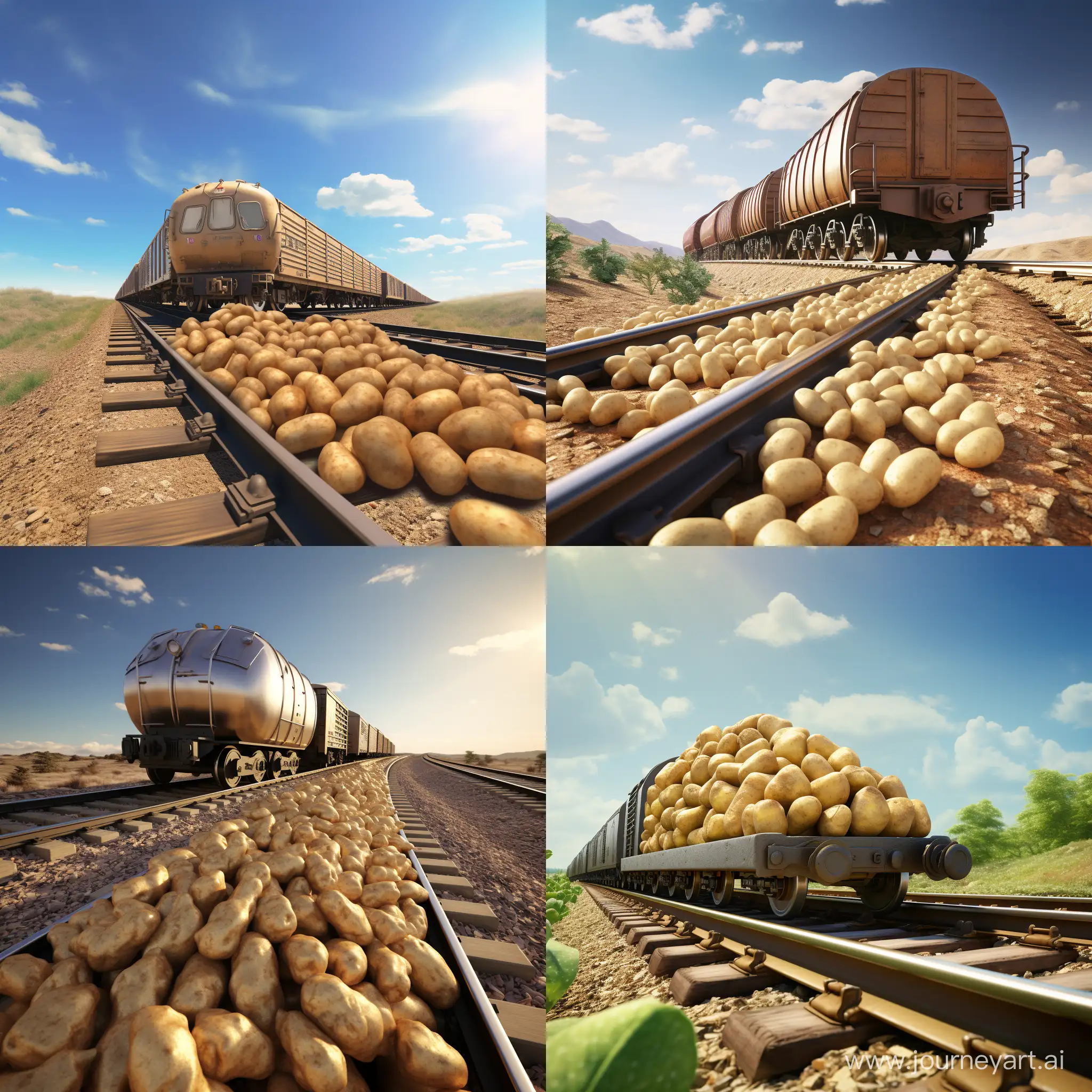 A freight train carrying potatoes. 3D animation 