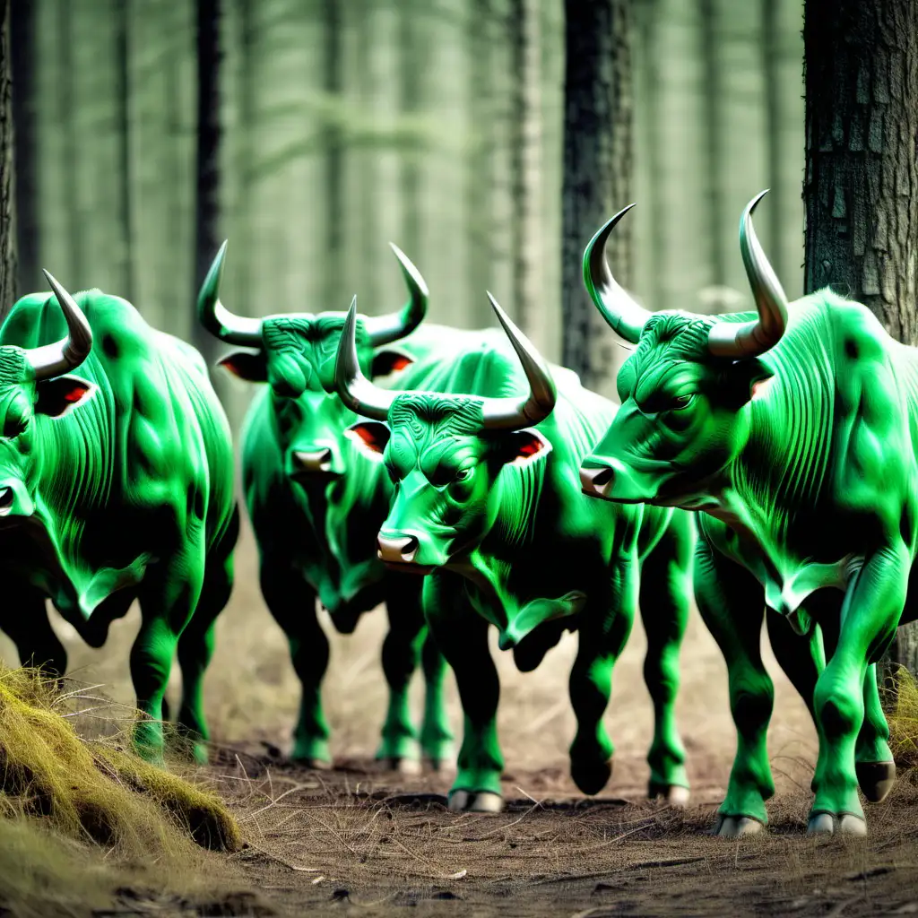 multiple green bulls in a forest