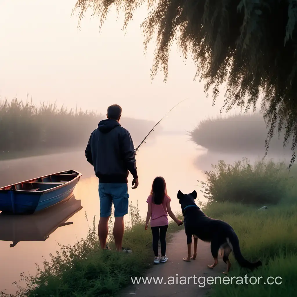 папа и дочь стоят спиной на рассвете туман рыбалка собака дворняжка  сидит возле девочки красивые кусты лодка
