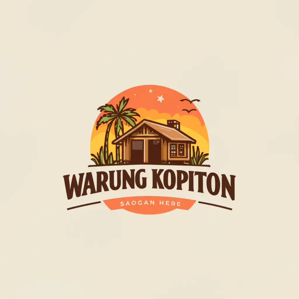 a logo design,with the text "warung kopiton", main symbol:shelter near the river, coconut tree, sunset view,Moderate,be used in Restaurant industry,clear background