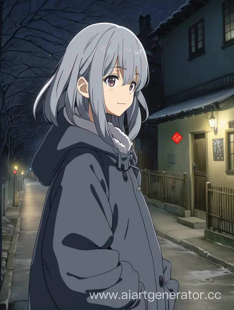 A kind grandmother. gray hair. on the street. There is a forest around. I left the house. It's dark, it's night. winter. anime