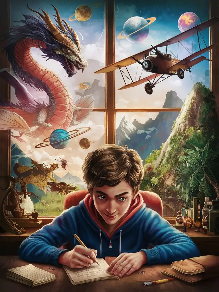 A teenager writes a novel, with a thoughtful air. His ideas come to life in the room: a dragon, planets, planes, mountains, the jungle. The plane must be visible. 