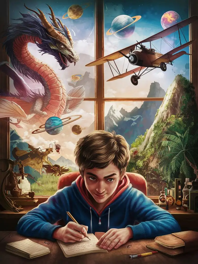 A teenager writes a novel, with a thoughtful air. His ideas come to life in the room: a dragon, planets, planes, mountains, the jungle. The plane must be visible.