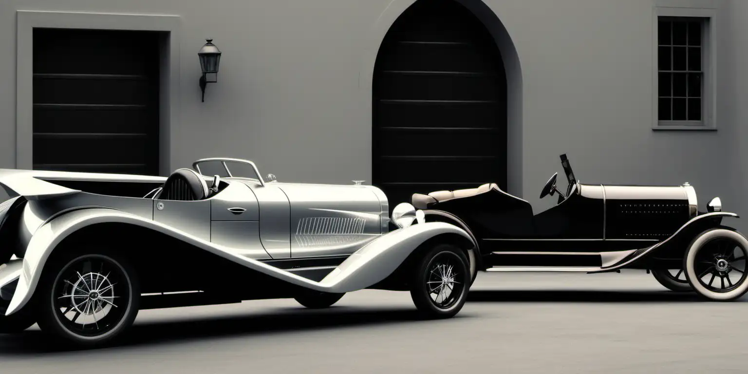 futuristic sports car, parked next to a 1920s car