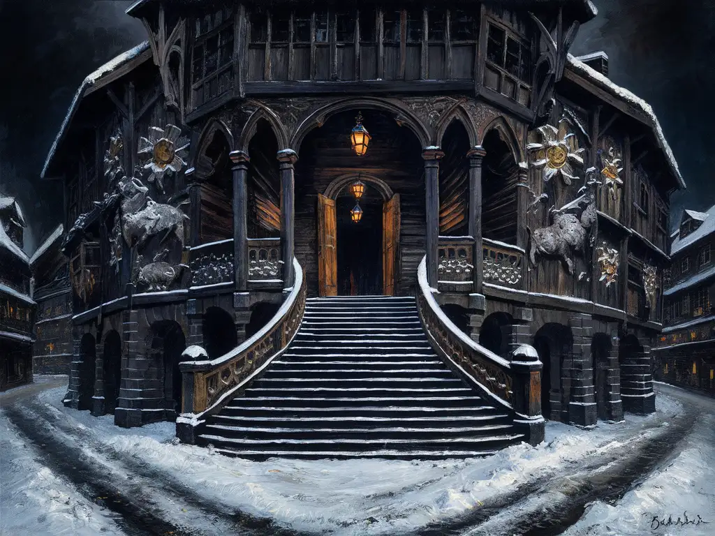SnowCovered Medieval Gothic Opera House with Intricate Wood Carvings
