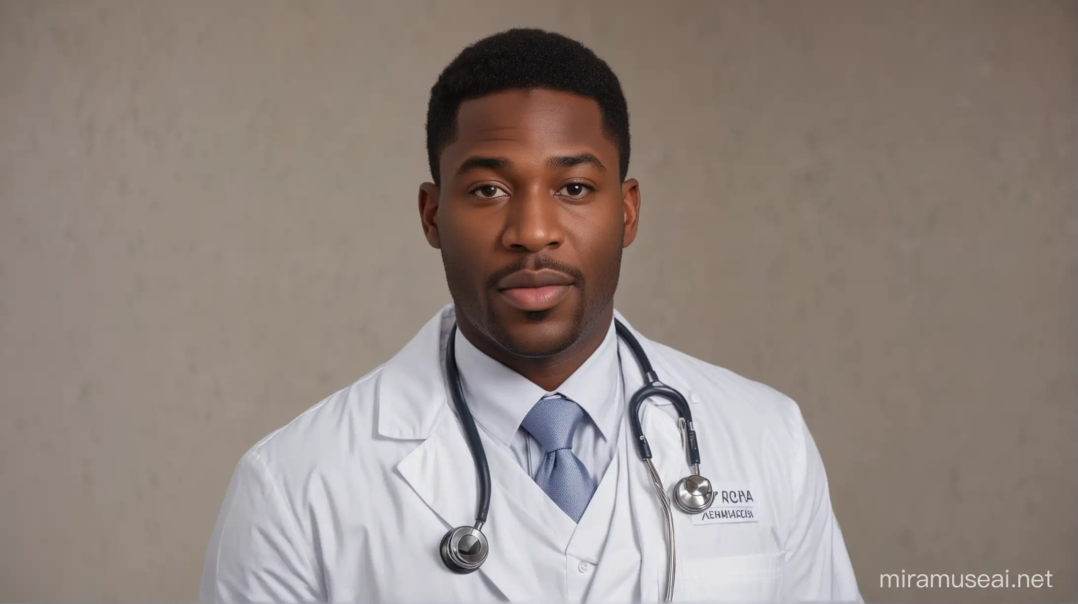 black doctor facing and speaking in front of the camera dressed in a white doctor coat with a stethoscope around his neck with and a shallow depth of field