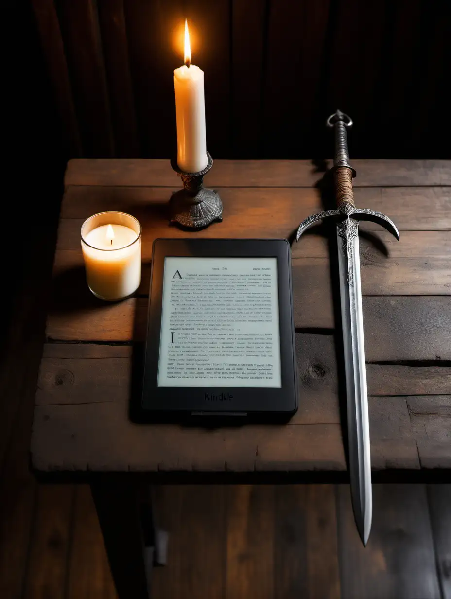 kindle on the wooden desk next to a simple old iron sword, lit by one white tall candle, view from top