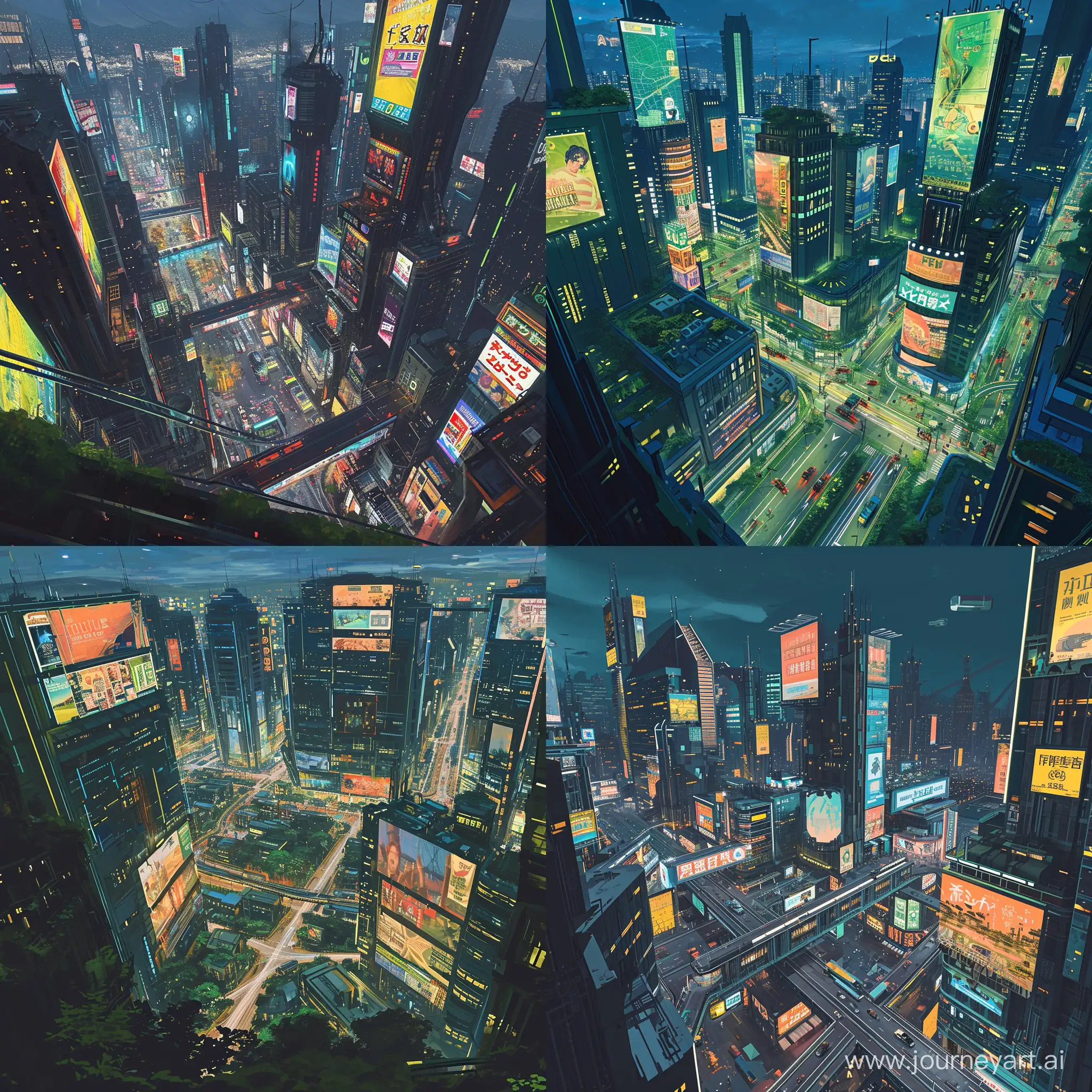 An illustration of a bustling retro-futuristic cityscape at night, capturing the essence of 70s-inspired science fiction with a modern twist. The wide view showcases an expansive urban environment where nature intertwines with advanced technology. Skyscrapers adorned with vibrant billboards tower over procedurally generated streets, filled with various modes of transportation. The architecture is a blend of retro aesthetics and futuristic design, featuring open spaces that invite relaxation amidst the urban energy. Neon lights reflect off sleek surfaces, adding to the dynamic and detailed visuals of this retro sci-fi haven. natural lighting
