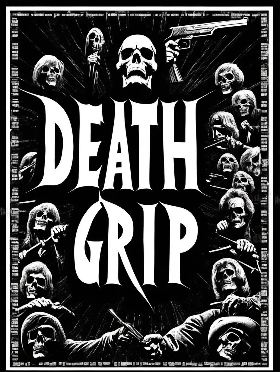 1970s movie poster 'Death Grip', in the style of Jim Phillips, black and white, stencil, minimalist, simplicity, vector art, negative space, isolated on black background --v 5.2