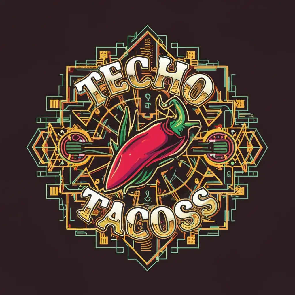 logo, chili pepper, techno music, sacred geometry, cyber, with the text "TECHNO TACOS", typography, be used in Restaurant industry