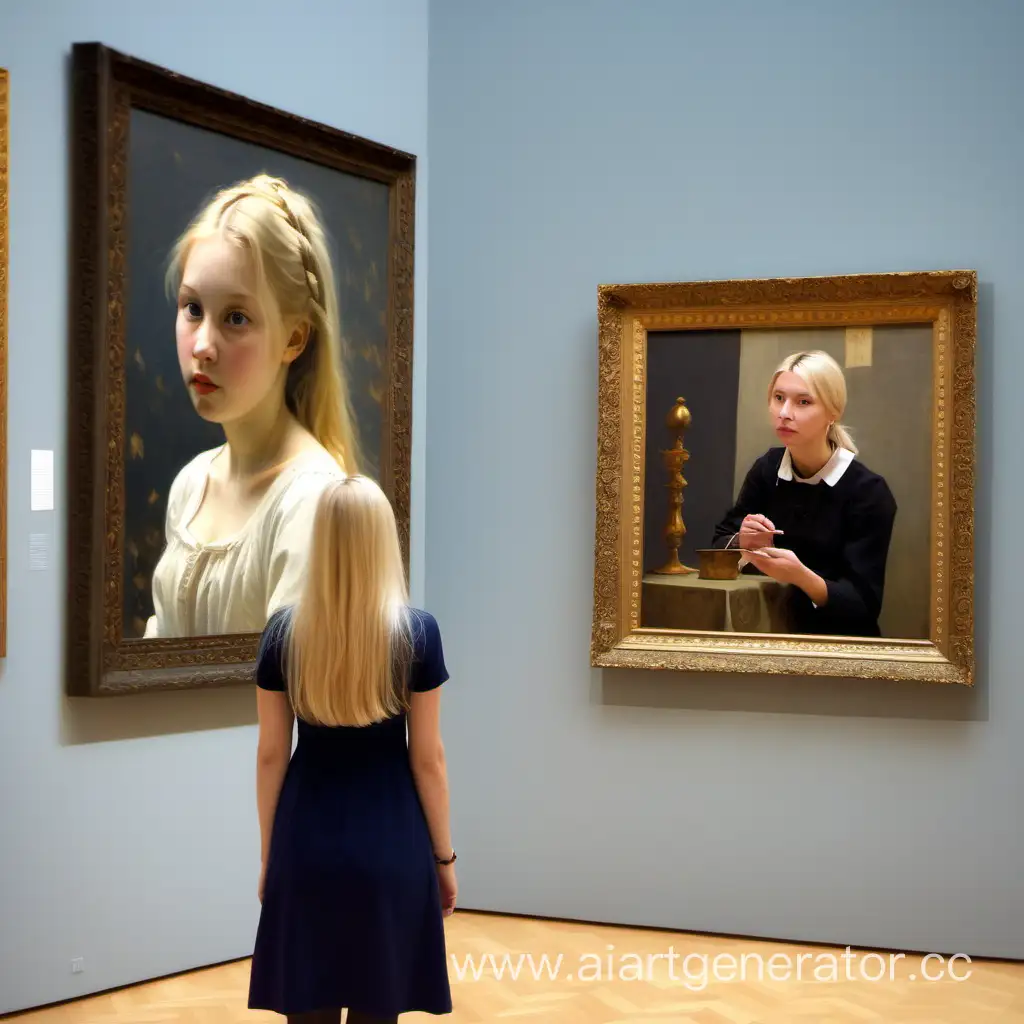Девушка с русыми волосами средней длины смотрит на картину в Третьяковской галерее в Москве