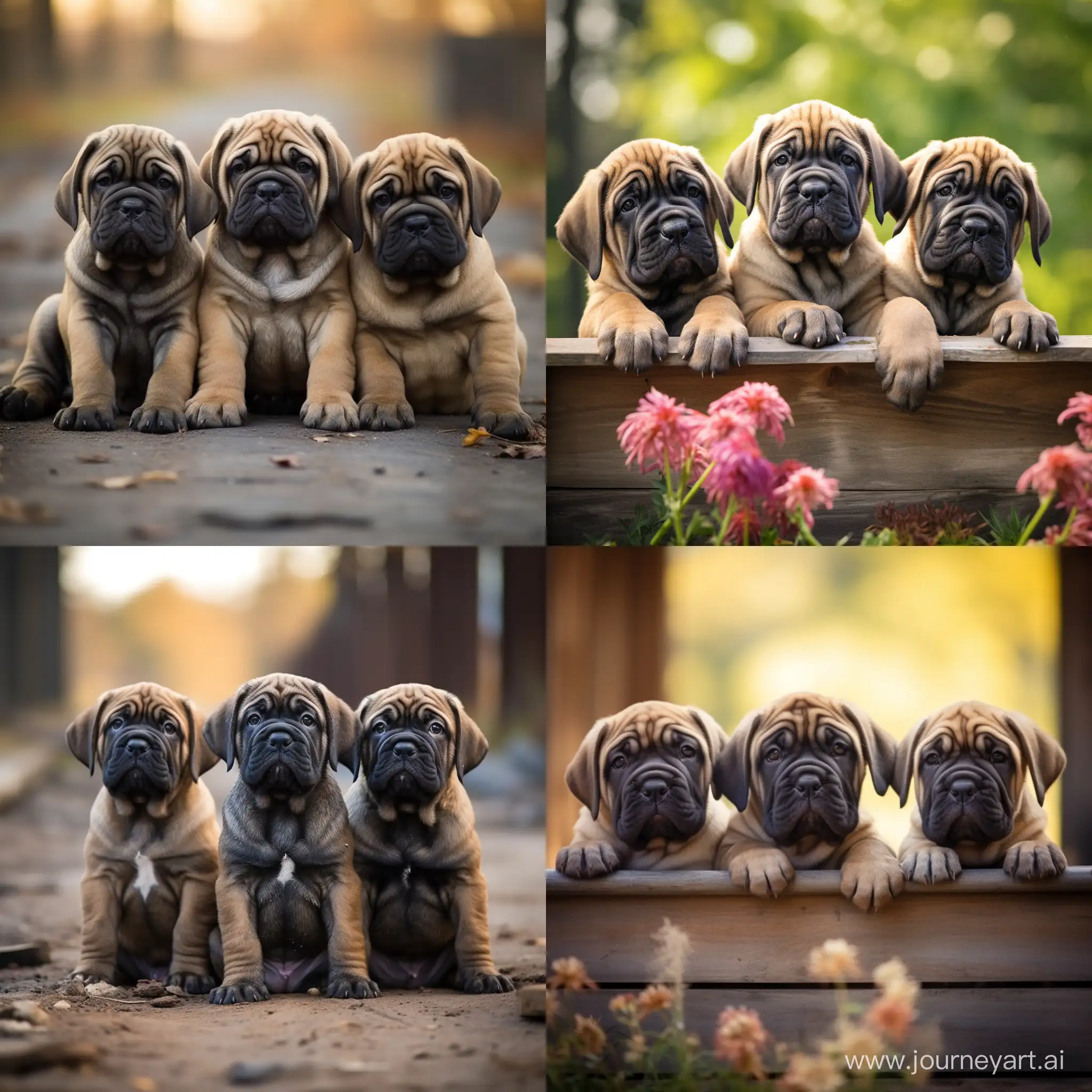 3 mastiff puppies paying outside