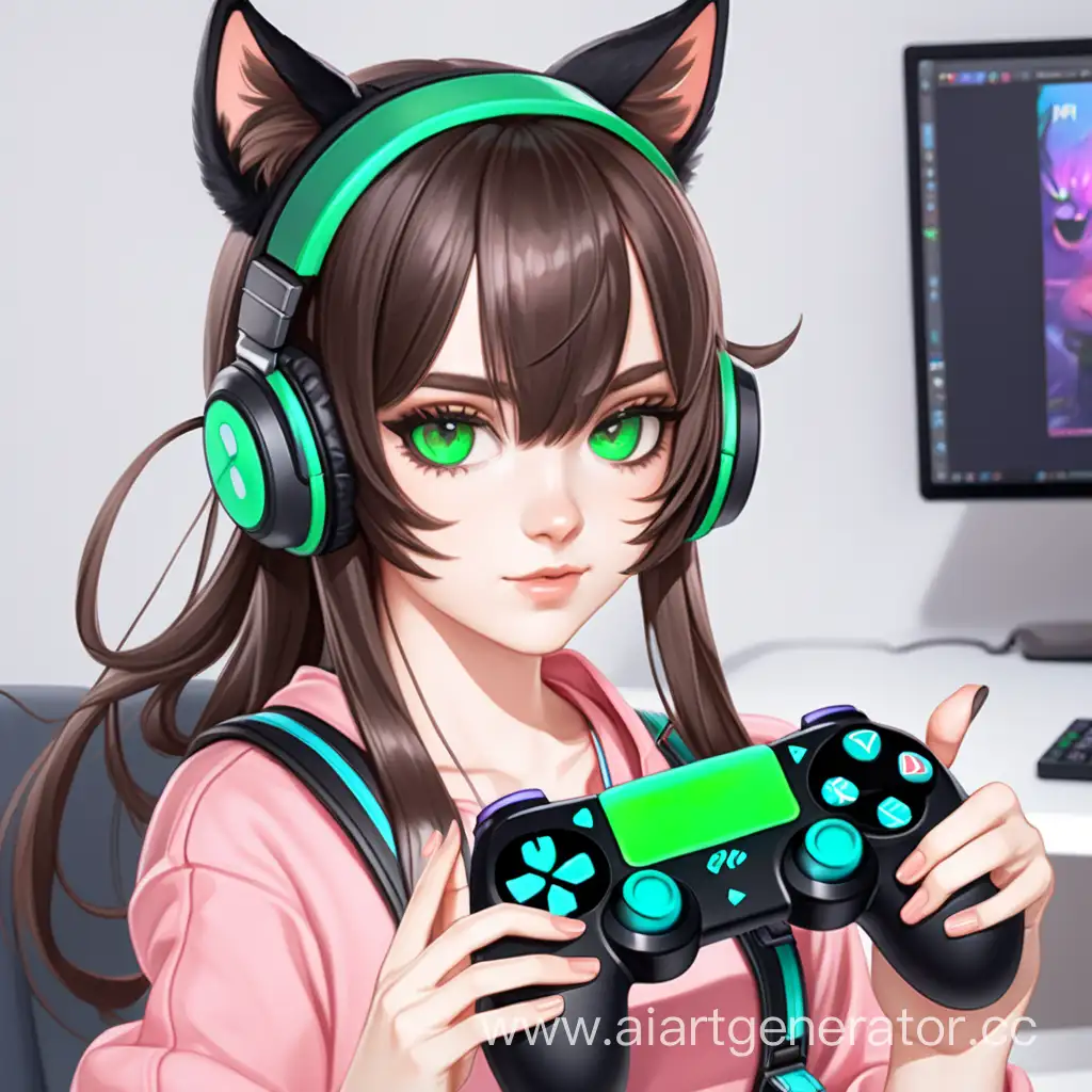 generate a picture of a  brunette streamer girl with cat ears green eyes and a gamepad in her hands