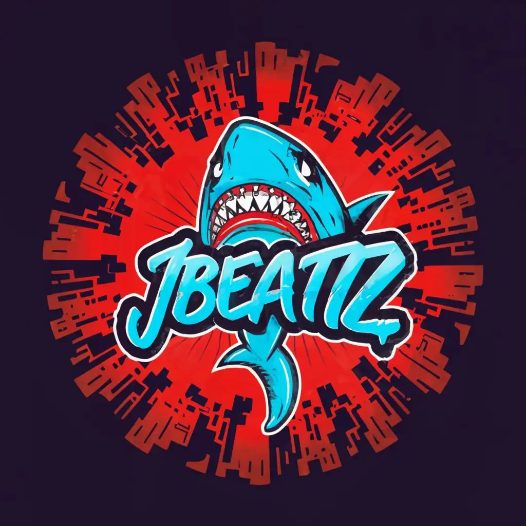 a logo design,with the text "JBeatz", main symbol:A rap style Hype Shark drawing Monster Shark Blue Red eyes Big mouth Shark Beasthype Style Trend no name,complex,clear background