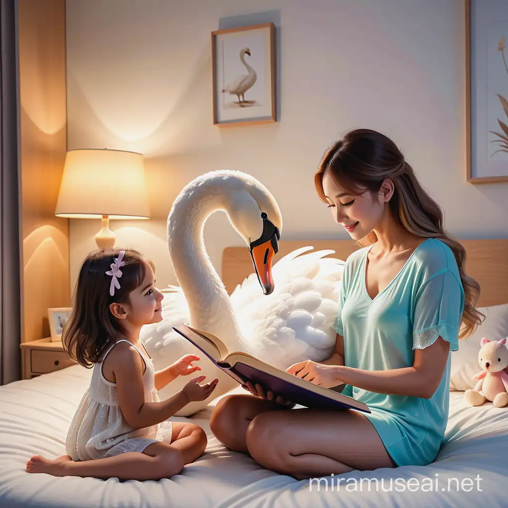 create in imagination a whole room where   a  mother and daughter sitting in the room bed. a mother is telling good night story by reading story book  to her little daughter before sleep. and the story is about the swan