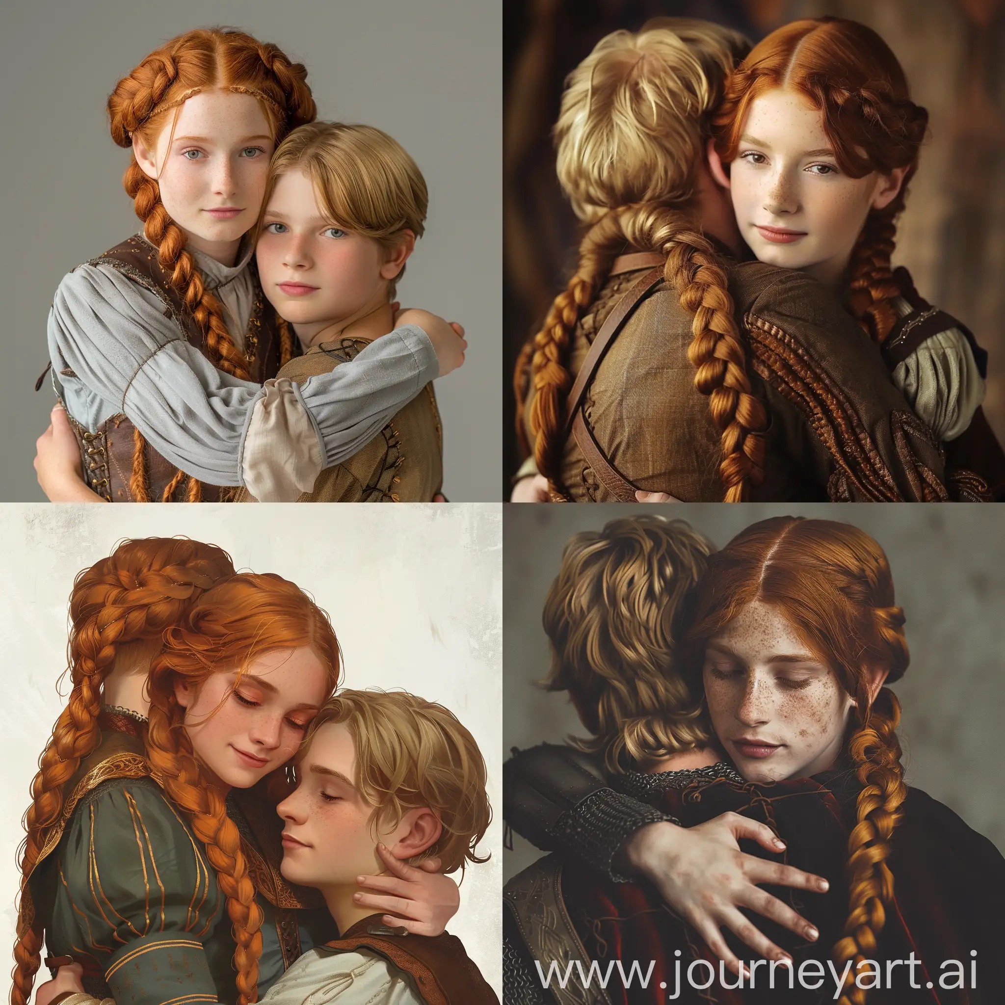 In the style of a medieval romance novel book cover. A young 25 year old woman, attractive, with ginger hair in long double braids. Seductive outfit. She is hugging 25 year old young man with blonde hair.
