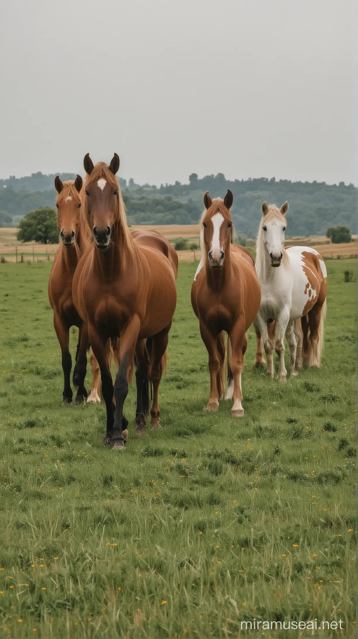 horses in the field are standing close in the frame