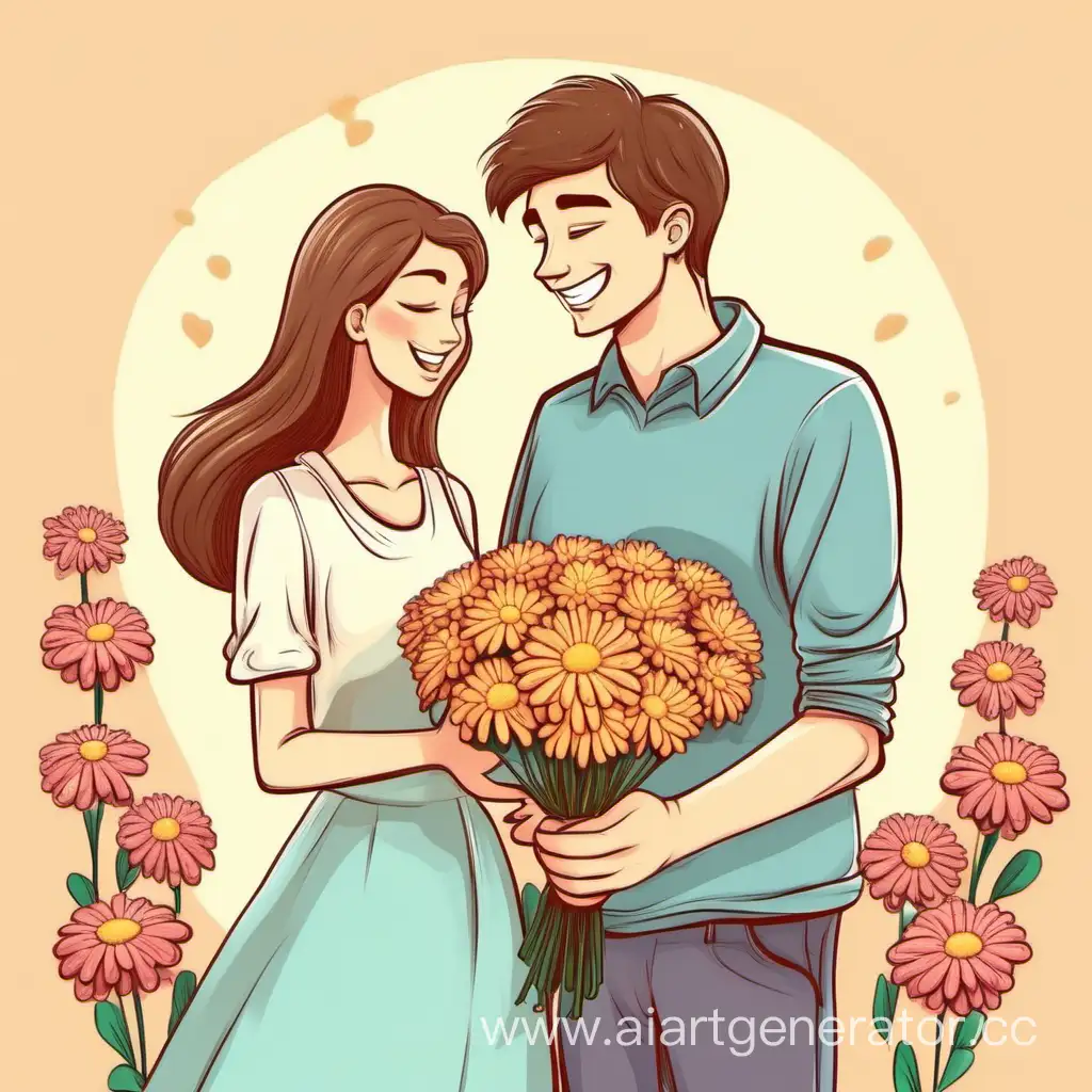Romantic-Cartoon-Couple-Exchanging-Chrysanthemums-Heartwarming-Floral-Gesture
