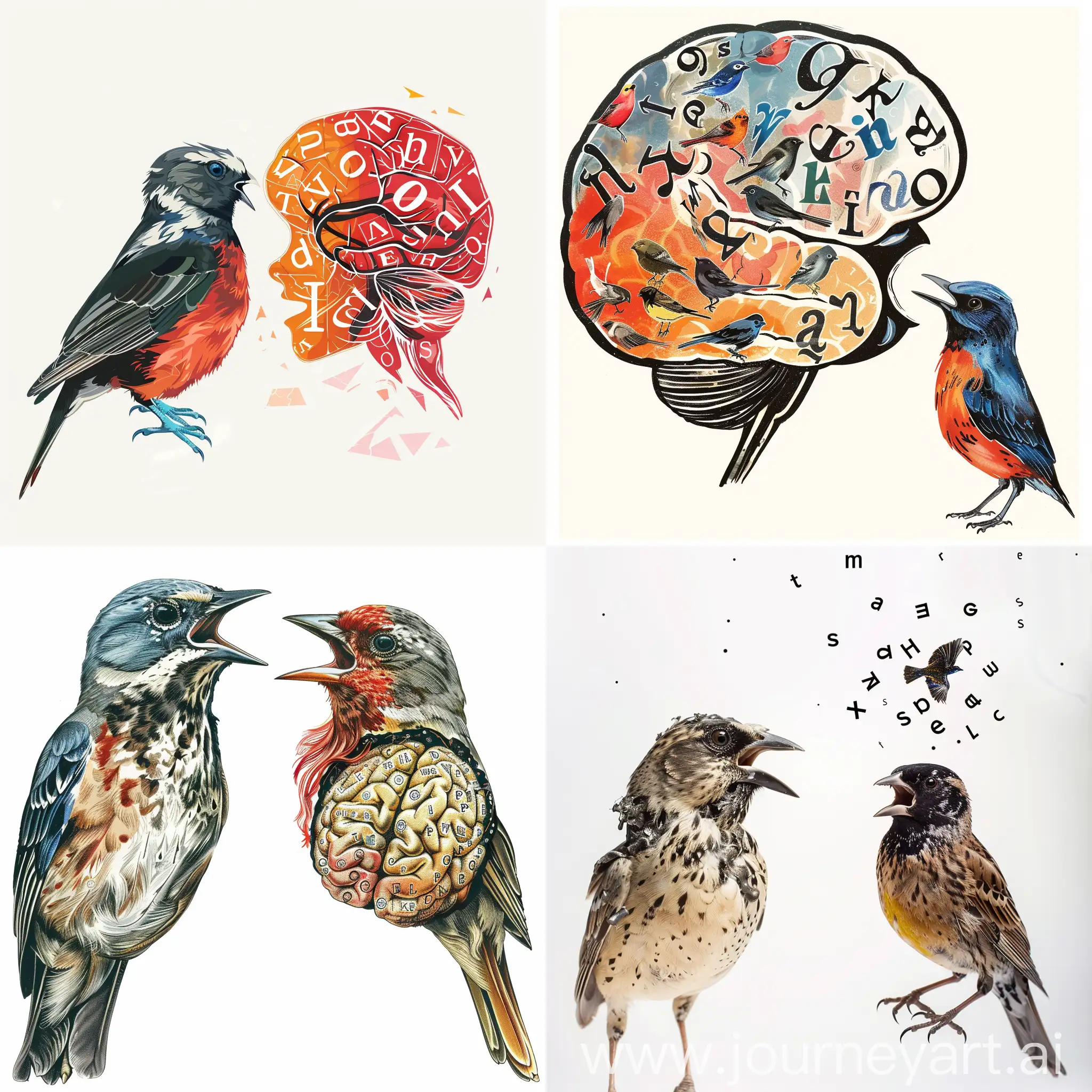 try "a mixture of vocal learning in birds vs language letters in human brain with white background."