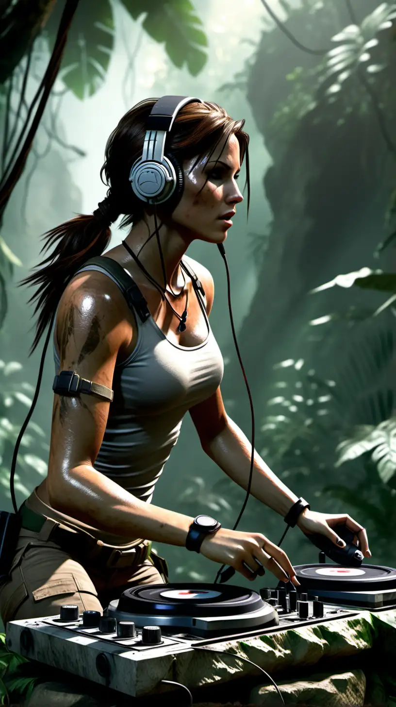 Le personnage de Tomb rider , Lara Croft qui mix sur deux platines et une table de mixage  posée sur des rochers, casque audio sur les oreilles , une main qui tient le casque, l'autre main qui touche un bouton de la table de mixage, dans la jungle, lianes, belle lumière rasante ,légere brume, sexy