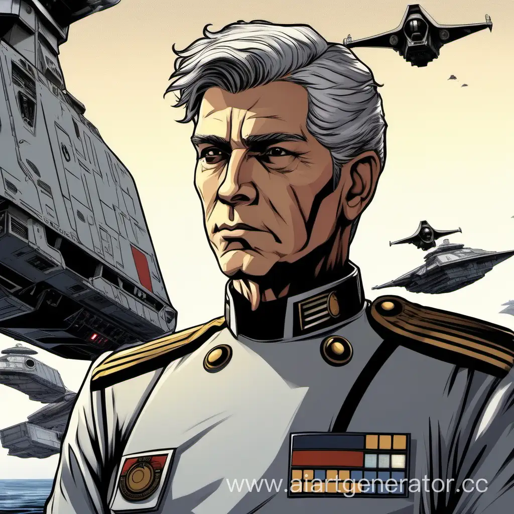 Офицер в стиле звездных войн в серой форме офицера с серыми волосами и худым телосложением, но с лицом подросткового возраста. на фоне палубы корабля имперского разрушителя. 