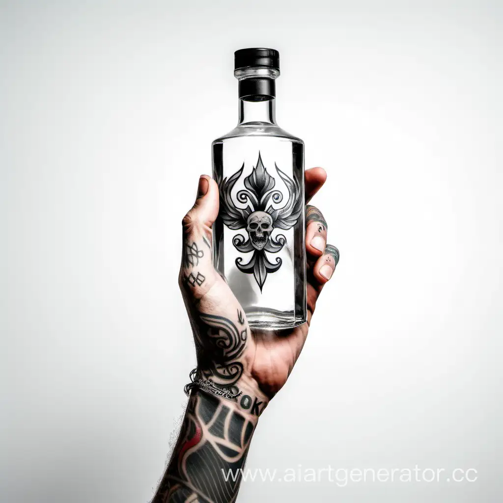 рука в татуировках держит бутылку водки на белом фоне