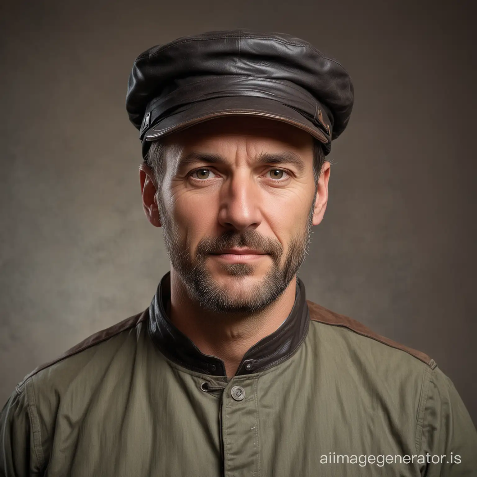 a man of fifty years old in the XIX century in worker's attire. A man of medium height, stocky and robust. A cap with a leather visor covered part of his face