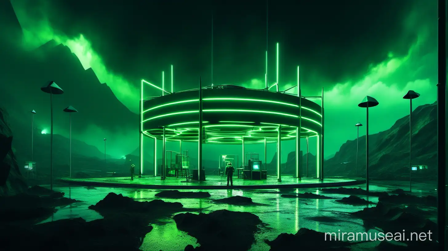 Realistic research centers with one worker around it, green neon and big neon lights inside the part, its color shadow on the floor, Rainy weather, staff in dark green uniforms and helmets, Atmospheric and cinematic, The structure is very big and elongated in the shape of a match and wide, A dark green smoke rose from the research centers environment and spread in the air, The image space is outside the realistic research center, On a big ground outdoors on a night.
with huge satellite antennas,
An big green neon cubic cylinder object,
The floor is black and white,
in the Realistic mountains.
dark atmospheric and cinematic.
The Realistic sky is covered with black clouds.