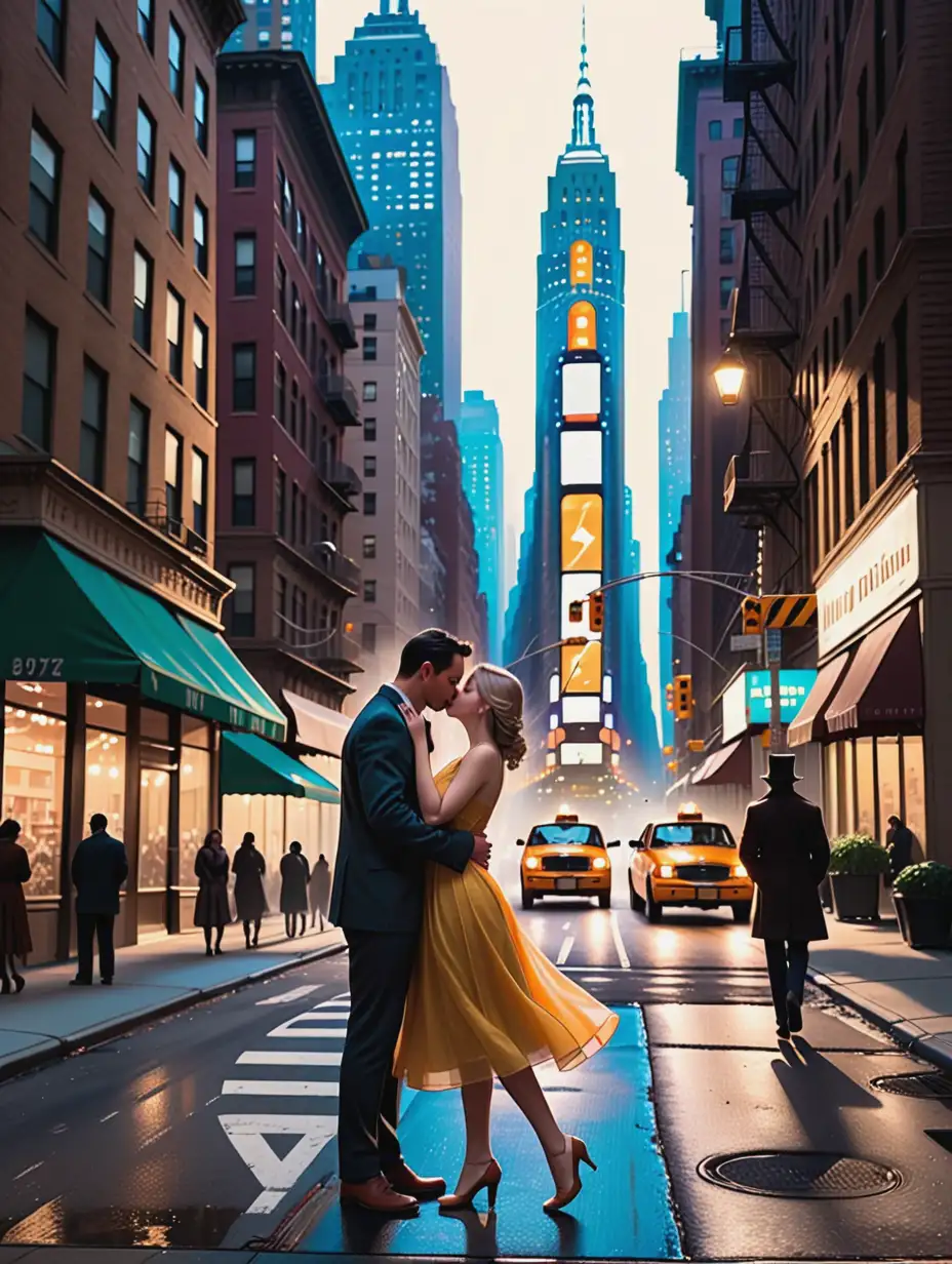 Immerse yourself in the vibrant energy of early 20th-century New York City. Picture a bustling street corner, teeming with life and activity. Capture the essence of urban vitality: towering buildings, flickering streetlights, and a kaleidoscope of people rushing by. Amidst this bustling scene, find a moment of quiet intimacy—a couple lost in their own world amidst the chaos.  Imagine the couple, deeply in love, amidst the throngs of pedestrians. Perhaps they're stealing a fleeting moment together, oblivious to the city's hustle and bustle around them. Is it a stolen kiss shared in the shadows of a towering skyscraper? Or a tender embrace on a crowded sidewalk, their gazes locked in a world of their own?  Consider the interplay of light and shadow, capturing the contrast between the harsh glare of urban street lamps and the softer, intimate glow that envelops the couple. Show the textures of the city—the rough edges of the pavement, the gleaming surfaces of storefronts, the layers of history etched into the architecture.  Through your brushstrokes, transport viewers to a time and place where love blooms amidst the concrete jungle—a timeless moment frozen in the bustling heart of New York City.